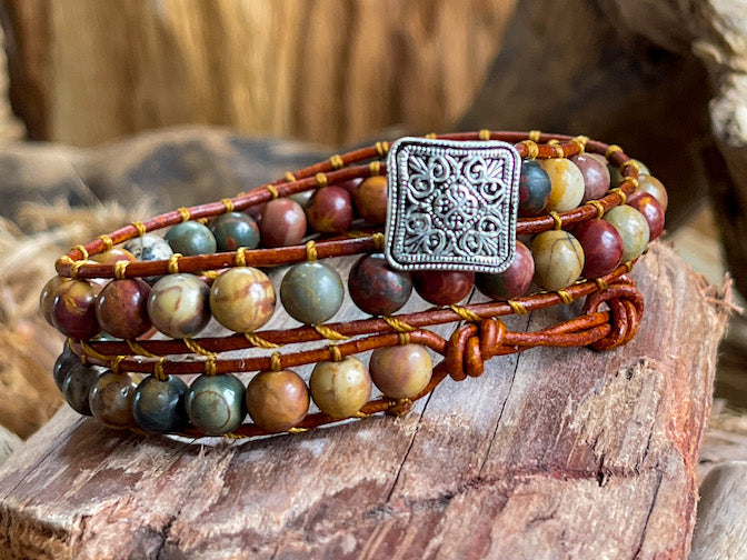 Bracelet wrap en jaspe et cuir