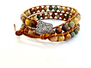 Bracelet wrap en jaspe et cuir